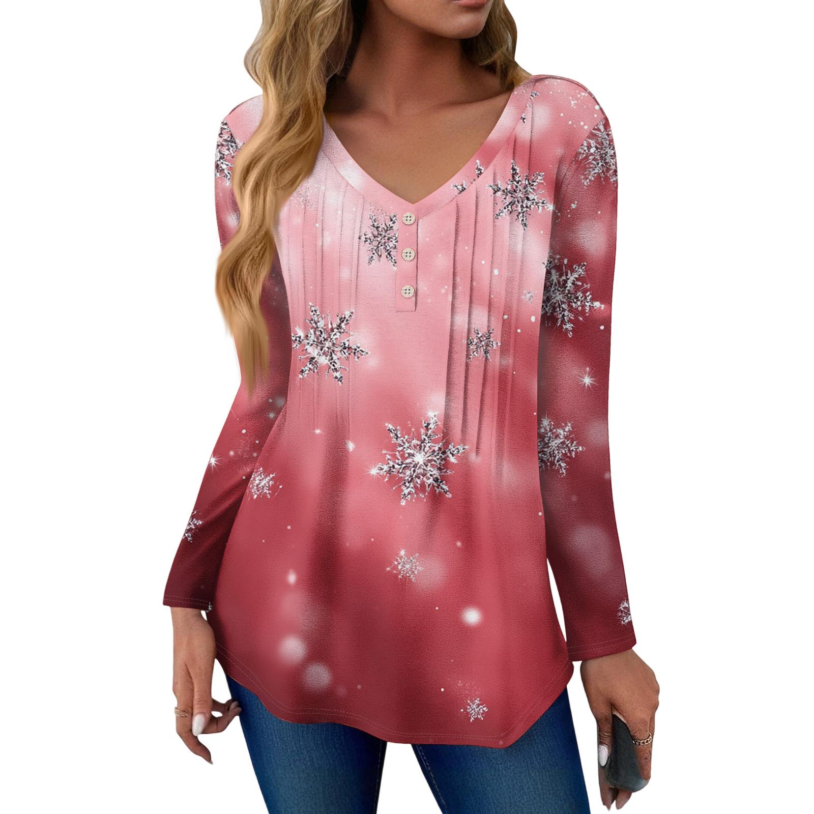 

Женская модная повседневная футболка с принтом рождественской елки, V-образным вырезом, декоративными пуговицами и длинными рукавами XL