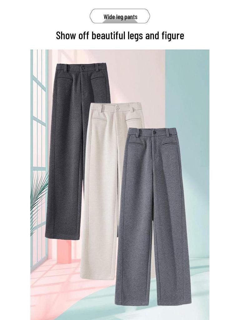 Women's High-Waist Gray Woolen Wide-Leg Pants - Fleece-Lined for Autumn/Winter, Thickened Drape, Narrow Straight-Leg Design