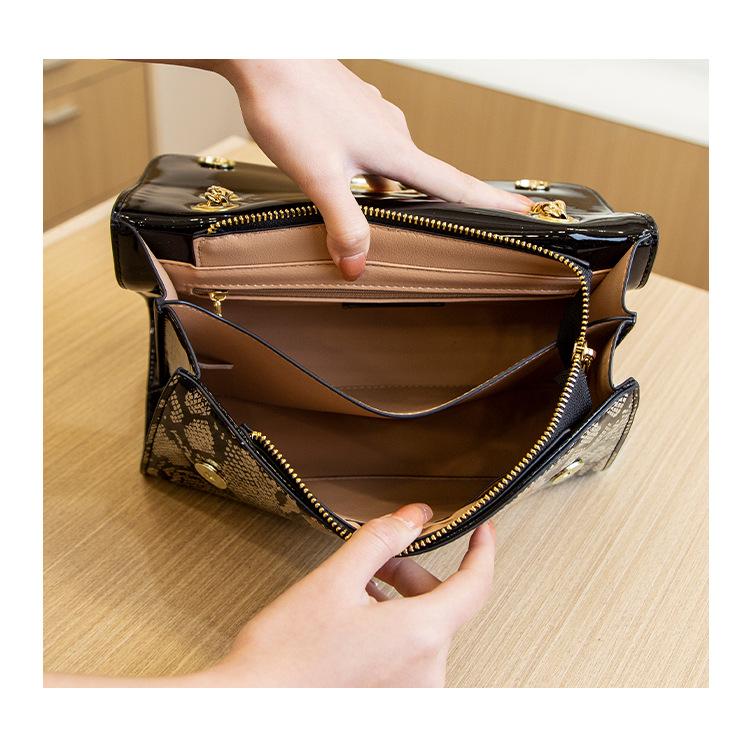 Snake Print Patent Leather Chain Shoulder Bag