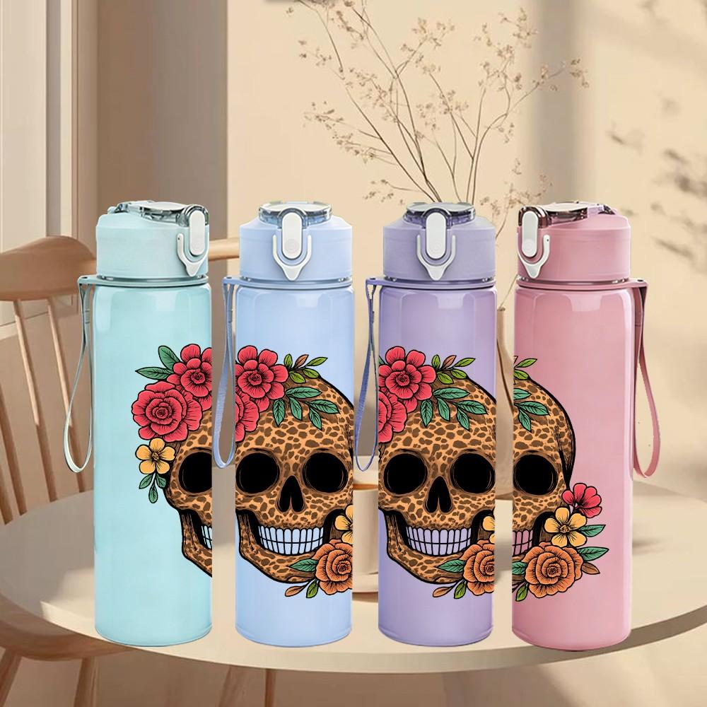 1PC Vintage Rose Skull 750ml Color Plastic Sports Water Bottle Leakproof Flip Straw Lid Suitable for Sports Office Home Use