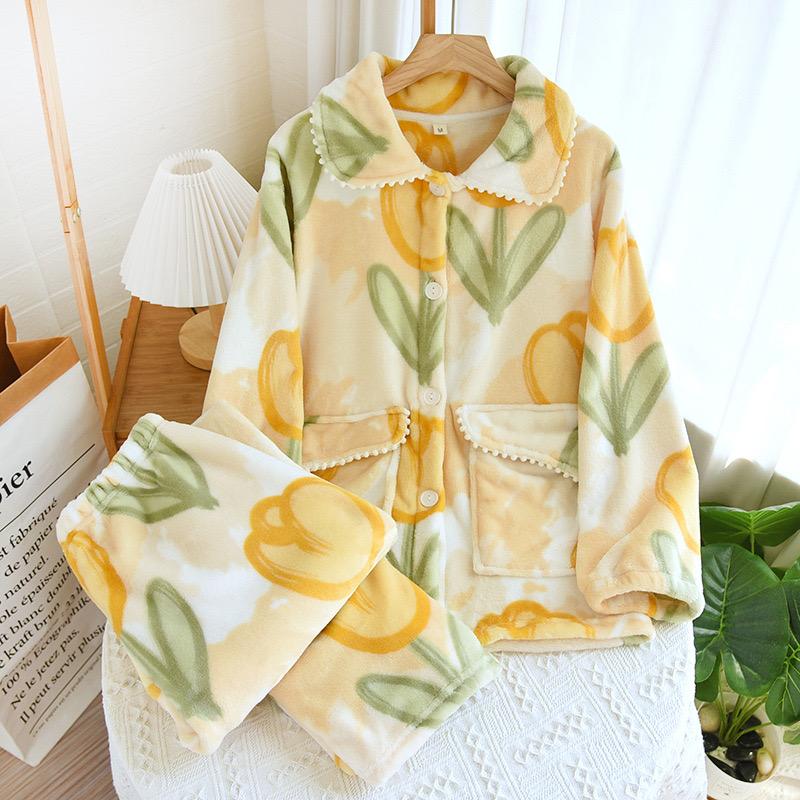 Kışlık Ev Flanel Pijama Uzun Kollu Pantolon Pijama Sıcak Kışlık Pijamalar Kalınlaştırılmış Pijamalar Gece Takımı Seti Kadın Pijamaları