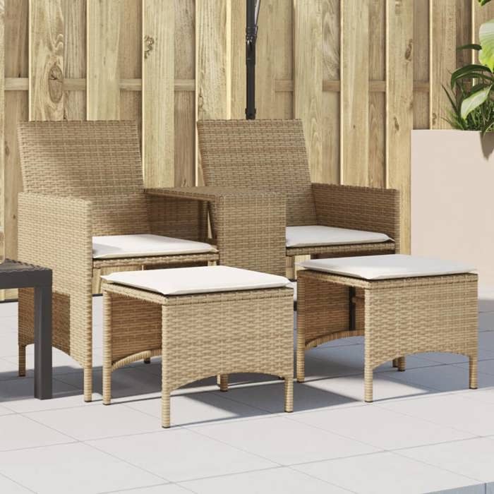 VidaXL Canapé de jardin 2 places avec table et tabourets beige rotin, canapé d'extérieur, salon de jardin, meuble de patio, 4003894