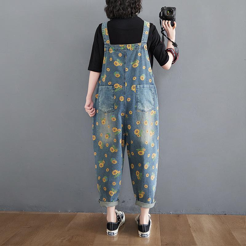Casual Loose Plus Size Jeans Jumpsuits Damen Frühling Print Floral Denim Pants