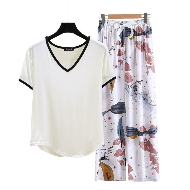 Modal Loungewear V-Neck color-block Tshirt and Floral Wide leg pants Summer Thin Pajamas sets Casual Plus size Homewear 2pcs suit Comfort clothing