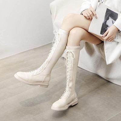 Zapatos para Mujer Calzado Invierno Botas Altas Hasta La Rodilla Botas de Mujer Cordones con Cordones Elegantes Tacones Bajos Blancos Largos Cuero Venta Caliente