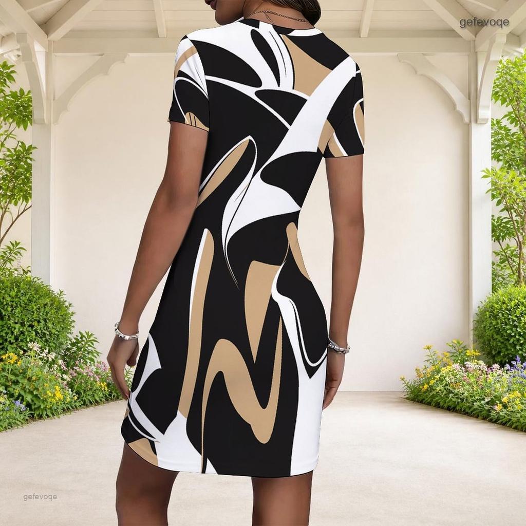 Women Plus Size Round Neck Short Sleeve Multicolor Printed Striped Fitted Mini Dress