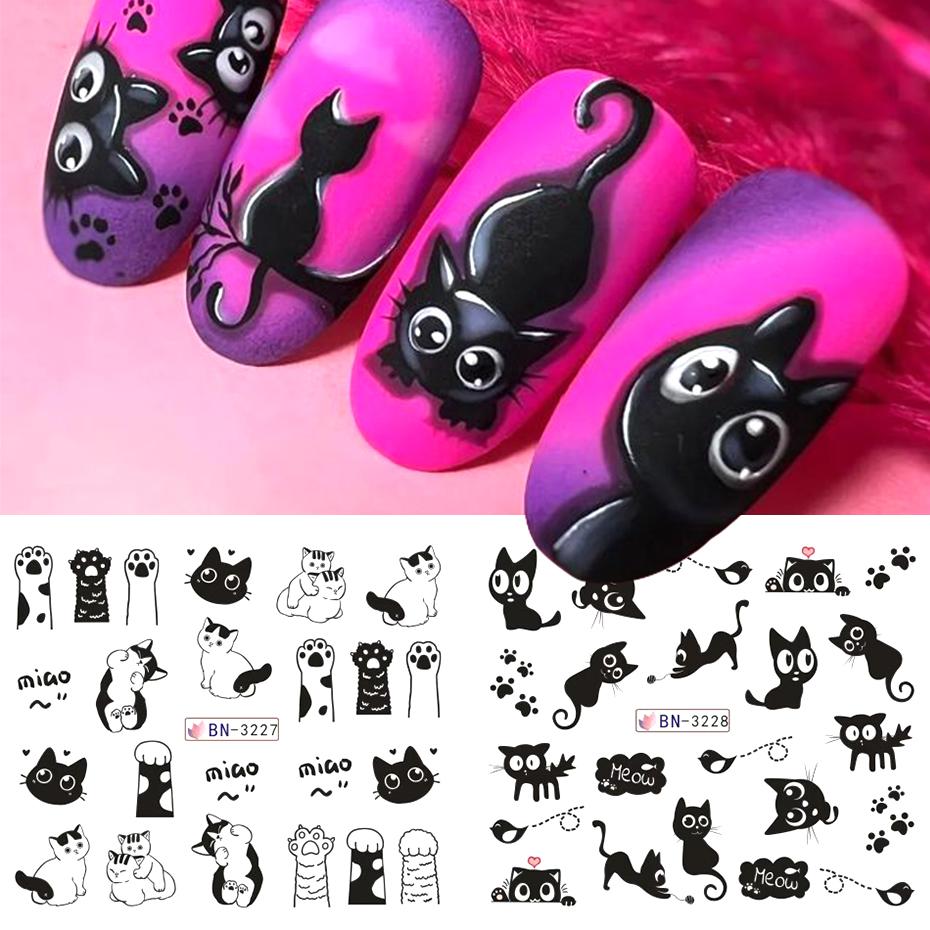 12 Designs Schwarze Katze Nagel Wasser Aufkleber Niedliche Kawaii Cartoon Nagelkunst Abziehbilder Wasserzeichen Transfer Slider Maniküre Dekorationen