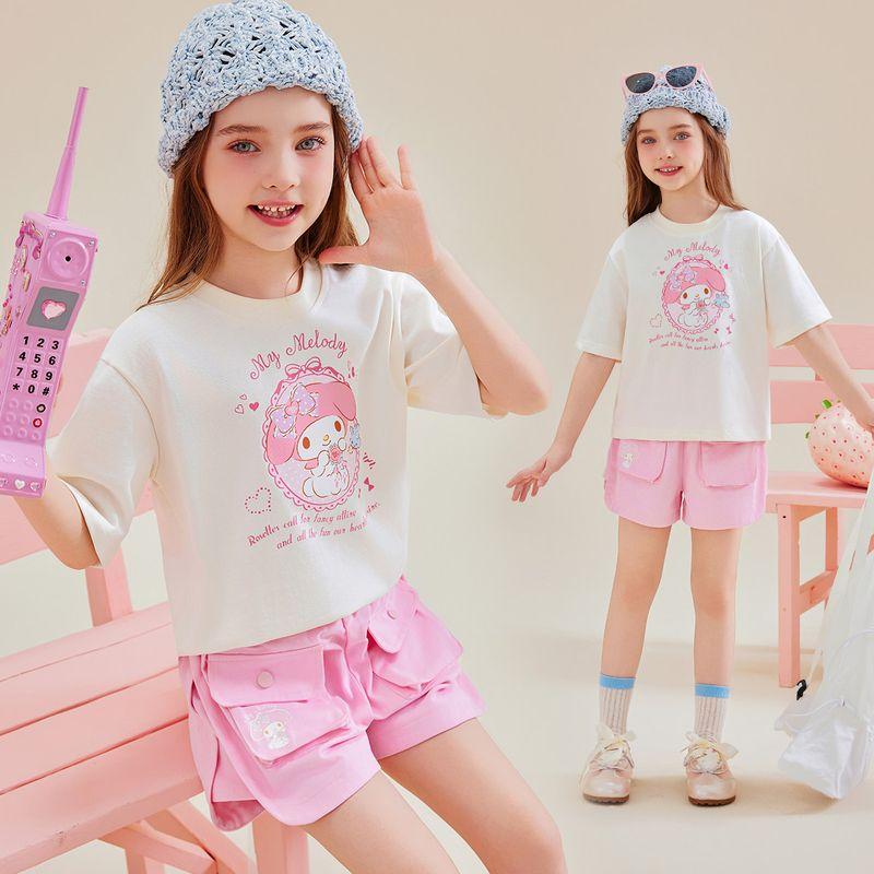 Hello Kitty Girls Summer Suit 2025 New Kidsren s Summer Clothes Girls Short-Sleeved Shorts Two-Piece Set Pink 110