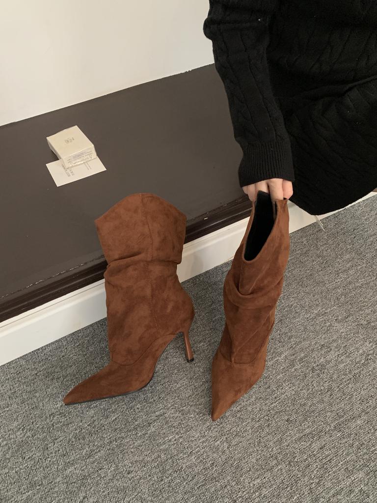 Mittelrohr spitze plissierte Stiefel Damen dünner Absatz lässiger Stil Babes 2025 Herbst lockere Wildleder High Heel Stiefel