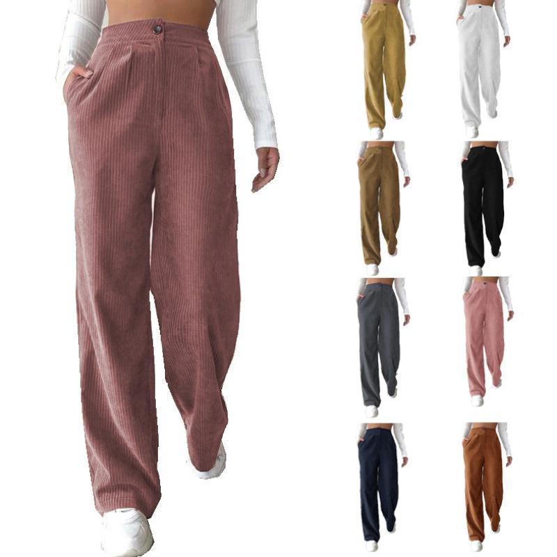 Spring 2026 New Women's High-waisted Casual Pants Solid Color Corduroy Loose Straight Trousers Women