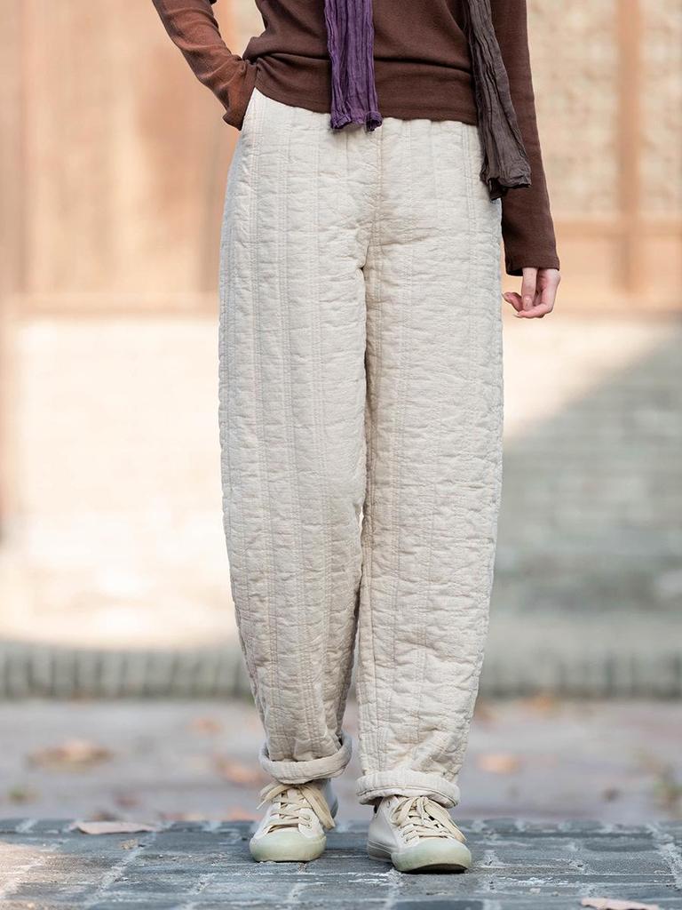 Winter Cotton Linen Women's Quilted Slimming Warm Pants