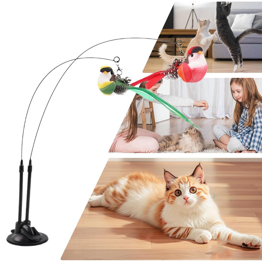 Simulated Bird Cat Teaser Stick with Bell Suction Cup Double Pole Teaser Cat Wand Long Pole 2 Birds Teasing the Cat Toys