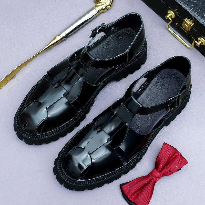 Luxusní značka Pánské ležérní platformové sandály Pravá kůže Zvyšující výšku Letní lakovaná kůže Černé boty Plus size 38-46