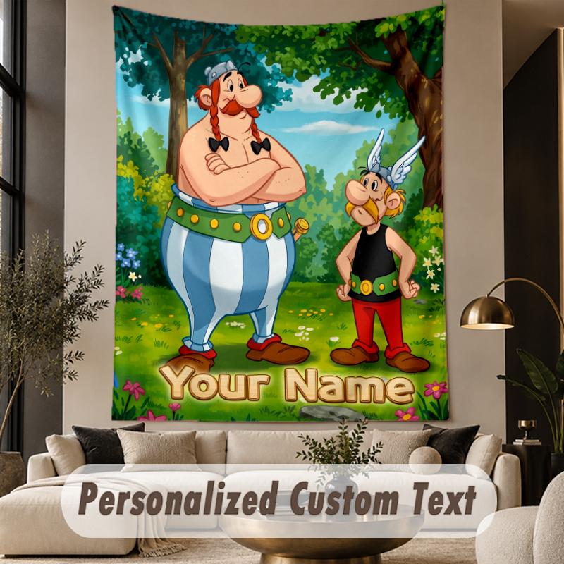 Custom Text Printed Tapestry Asterix & Obelix Pattern Large Wall Hanging Indoor Room Decor