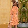 Summer Short-sleeved Floral Skirt V-neck Lace-up Ruffle Edge Holiday Dress