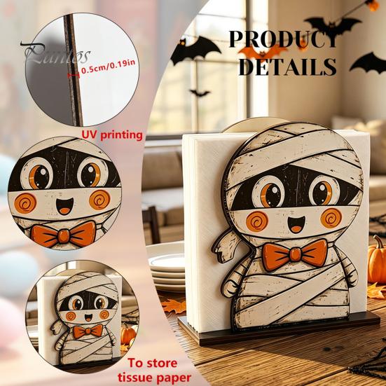 Cartoon Style Ornament Halloween Wooden Napkin Holder, Ghost Mummy Pumpkin Gothic Cute Table Decor Rustic Tabletop Tissue Dispenser for Farmhouse
