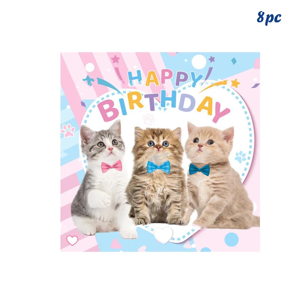 8Guests Cat Theme Birthday Disposable Tableware Cat Plates Cups Napkins Girls Happy Kitty Theme One 1st Birthday Party Decor