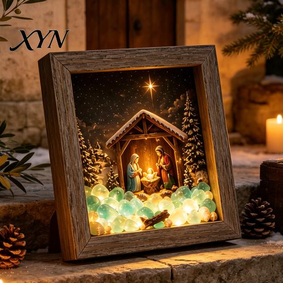Winter Snow Scene Decoration Christmas Sea Glass Shadow Box Night Light, 3D Wooden Seasonal Shelf Display Art Frame with LED Warm Glow, Landscape