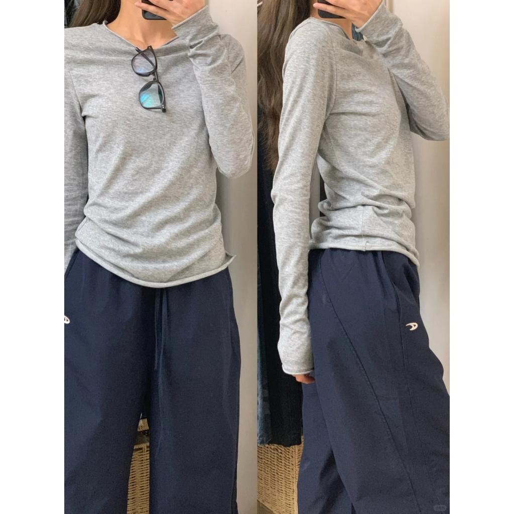 Grey thin sunscreen blouse women's early spring slim-fitting simple and slightly transparent long-sleeved T-shirt with top and bottom shirt