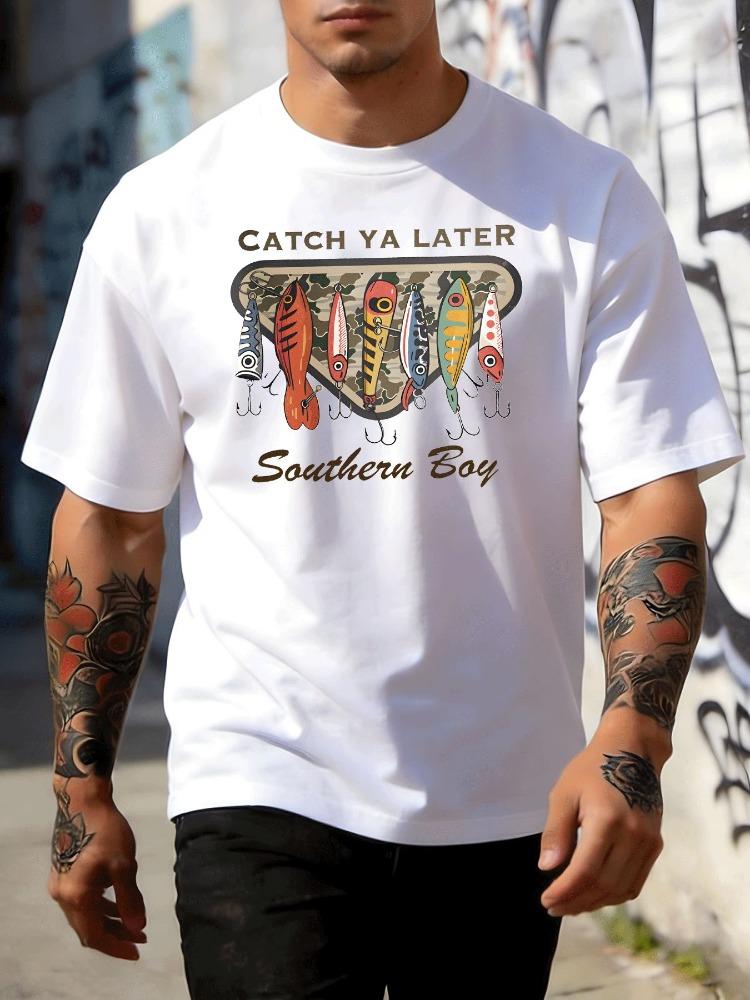 Unisexs FisherUnisex Short Sleeve Tee Vintage Fish Lure Southern Boy Print White Crew Loose Soft Outdoor Summer Daily Casual Wear Top
