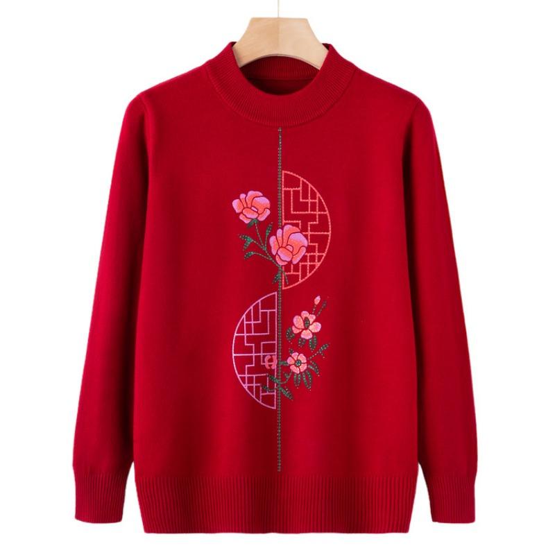 Mom Autumn Knitted Sweater Top Medium and Old Autumn and Winter Crew Neck Bottoming Shirt Grandma Pullover Sweater Elderly Clothes