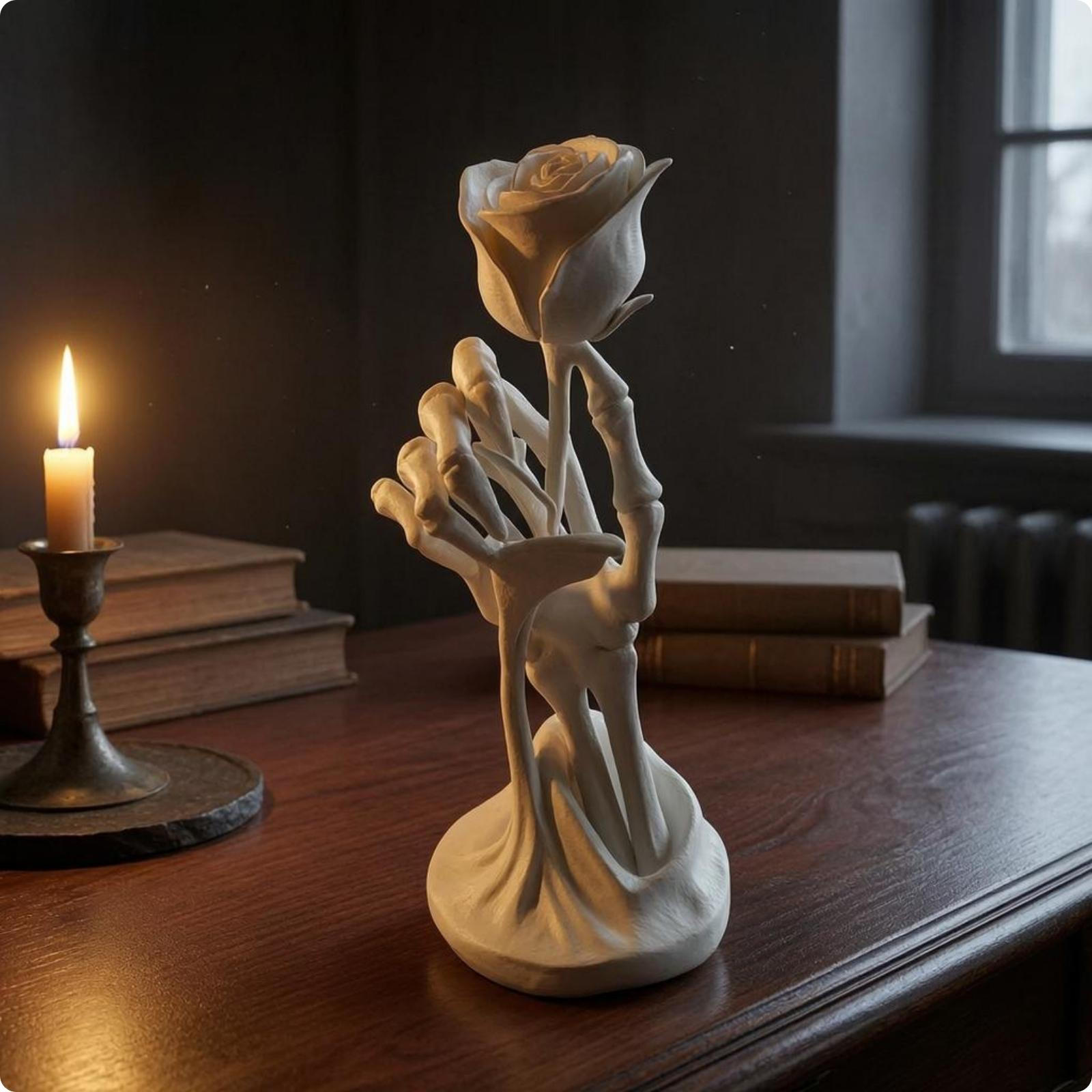 Hand Holding Rose Figurine Carved Petal Details Miniature Statue Matte Finish Home Decor for