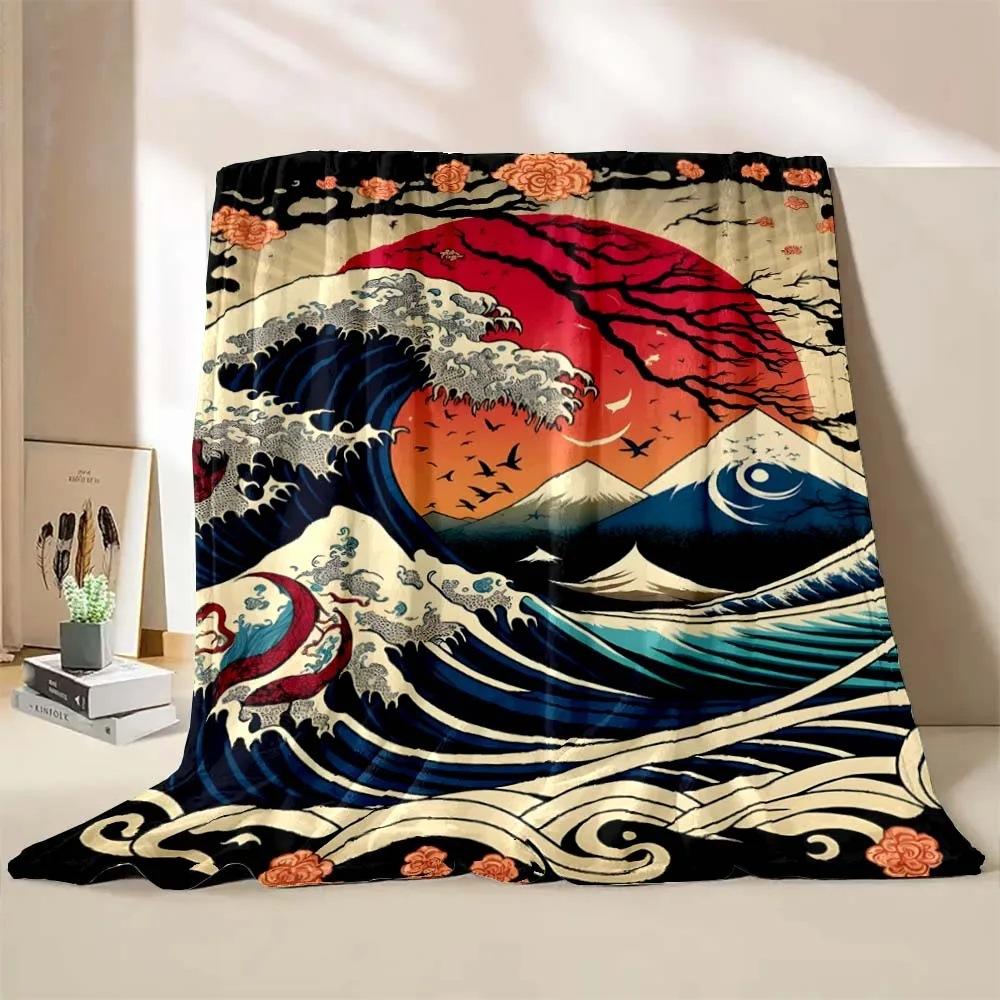 Wave-inspired Ukiyo-e paintings digital-printed polyester velvet flannel cover blanket Fleece soft sofa cover blankets for beds
