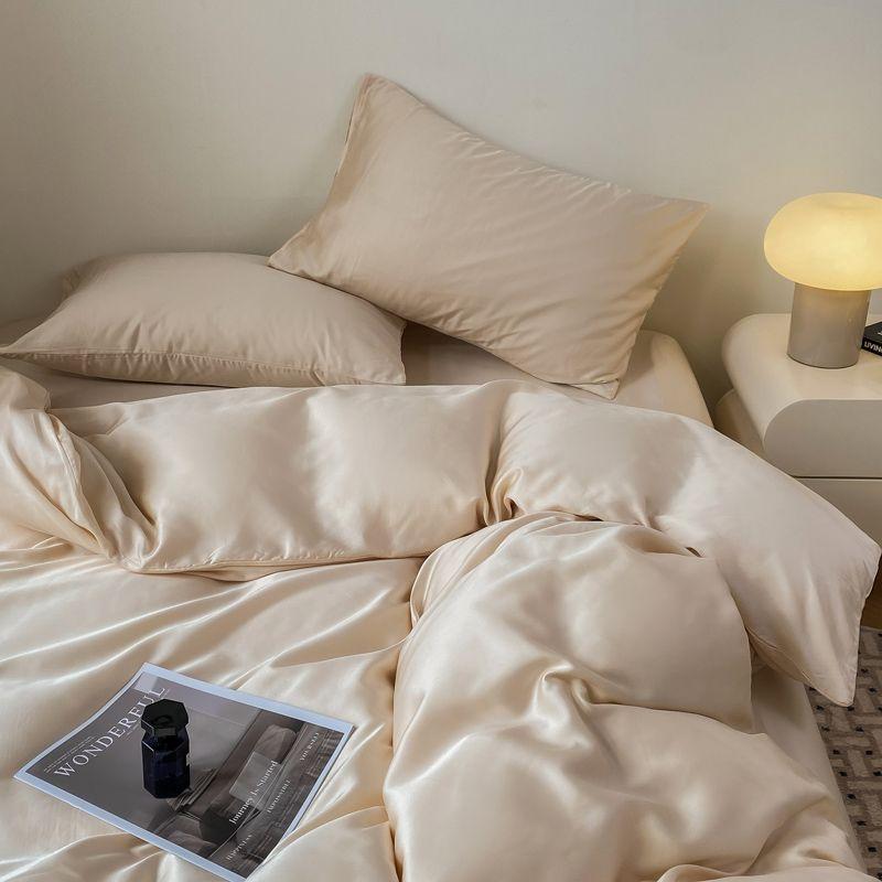 Summer Bedding Set Luxury Ice Silk Four Piece Set, Washed Silk Bed Sheet and Quilt Cover Set Summer Cool Feeling Soft Smooth