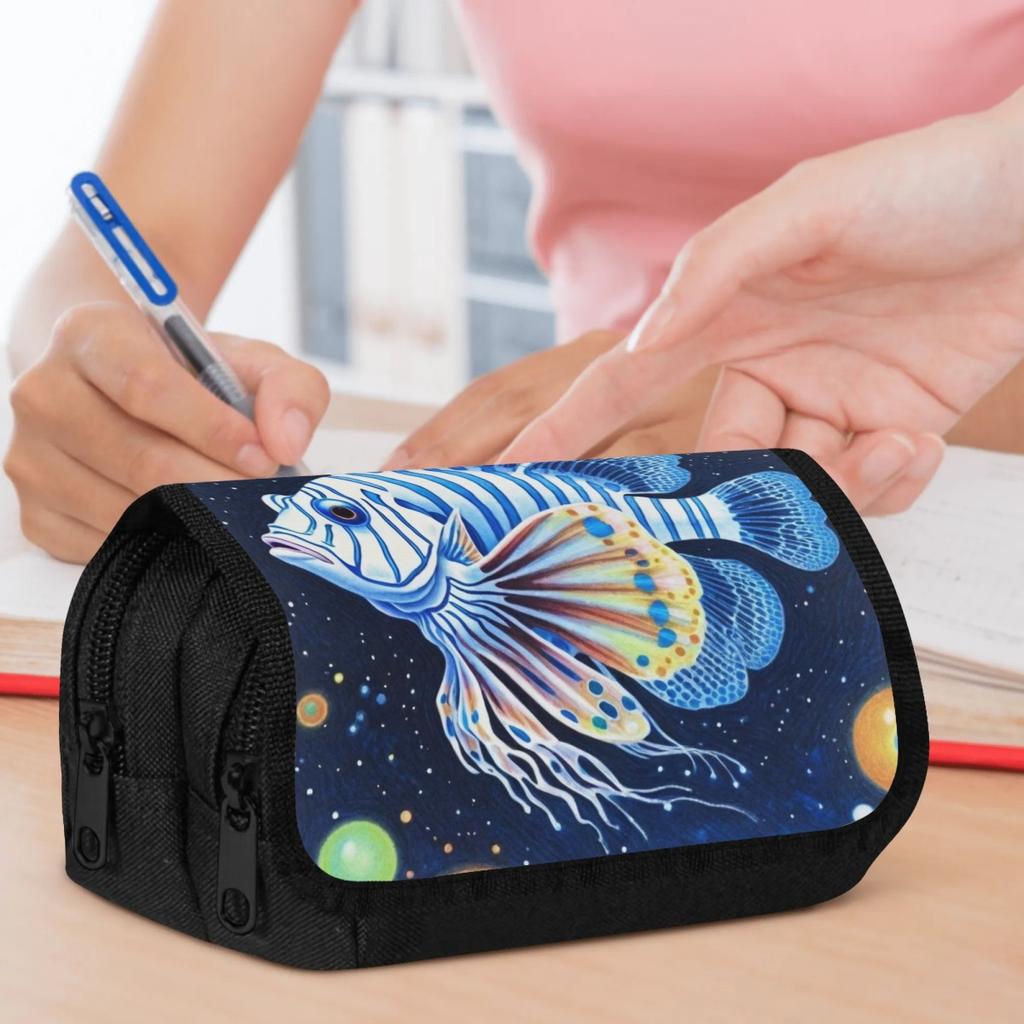 Fantasy Fish Blue Pencil Case Pouch with Zipper, Big Capacity Pencil Cases for School, Durable Polyester Stationery Bag Pen Office Travel Stationery M