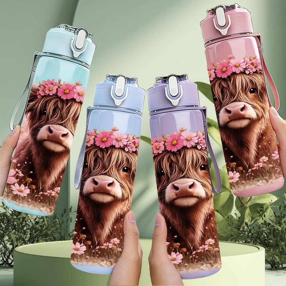 1PC Flower Crown Highland Cow Print 750ml Color Plastic Sports Water Bottle Leakproof Flip Straw Lid Suitable for Sports Office Home Use