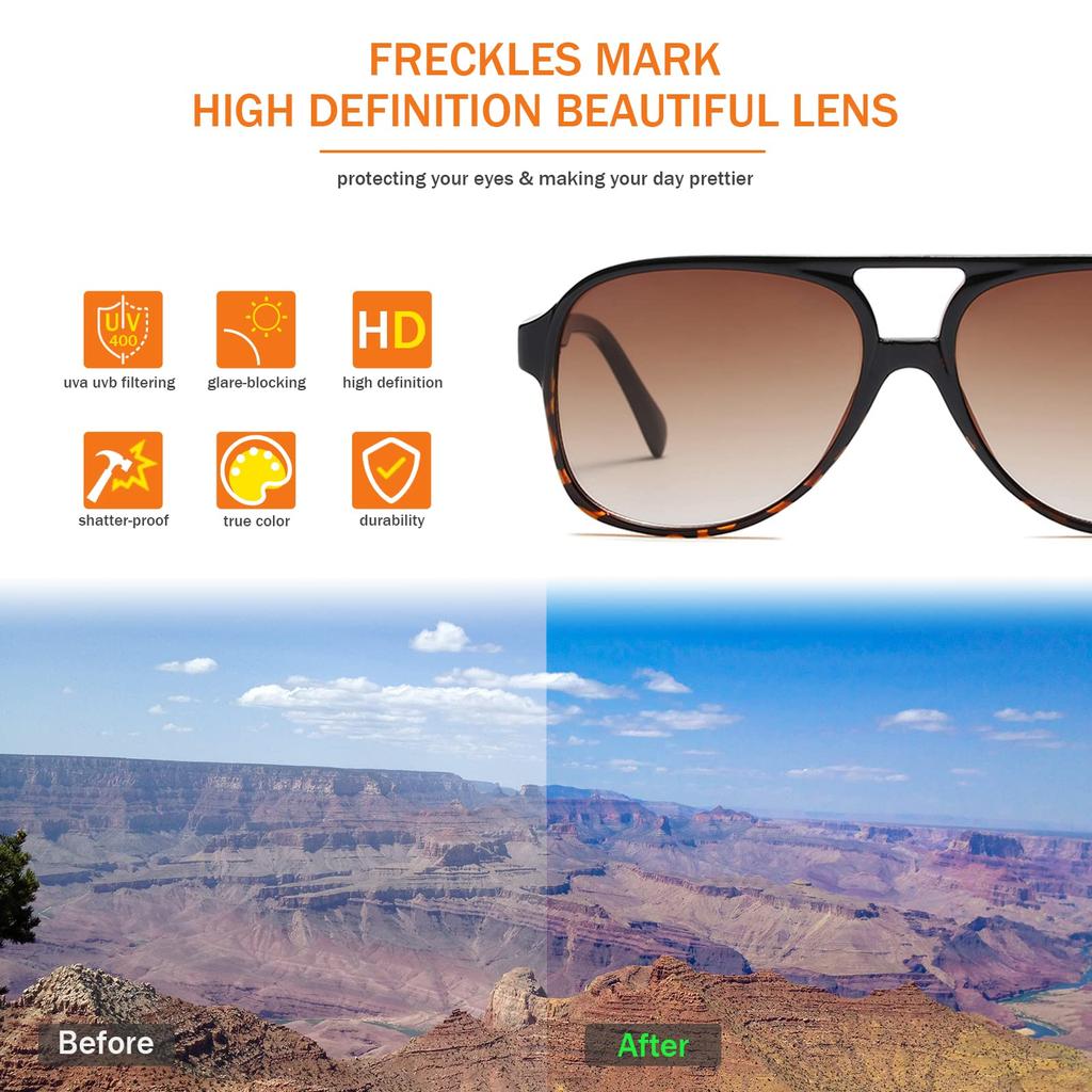 Freckles Mark Vintage Retro 70s Sunglasses for Men and Classic Large Square Aviator Trendy Gradient Oversize Women, Glasses, Brown/Tortoiseshell,