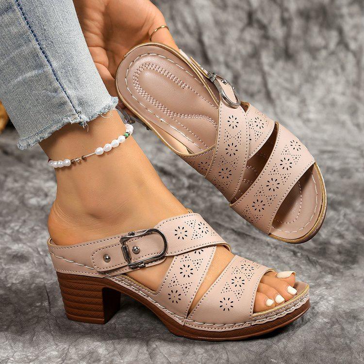 2026 Summer Plus Size Women's Roman Sandals: Chunky Heel, One-Strap, Hollow Design