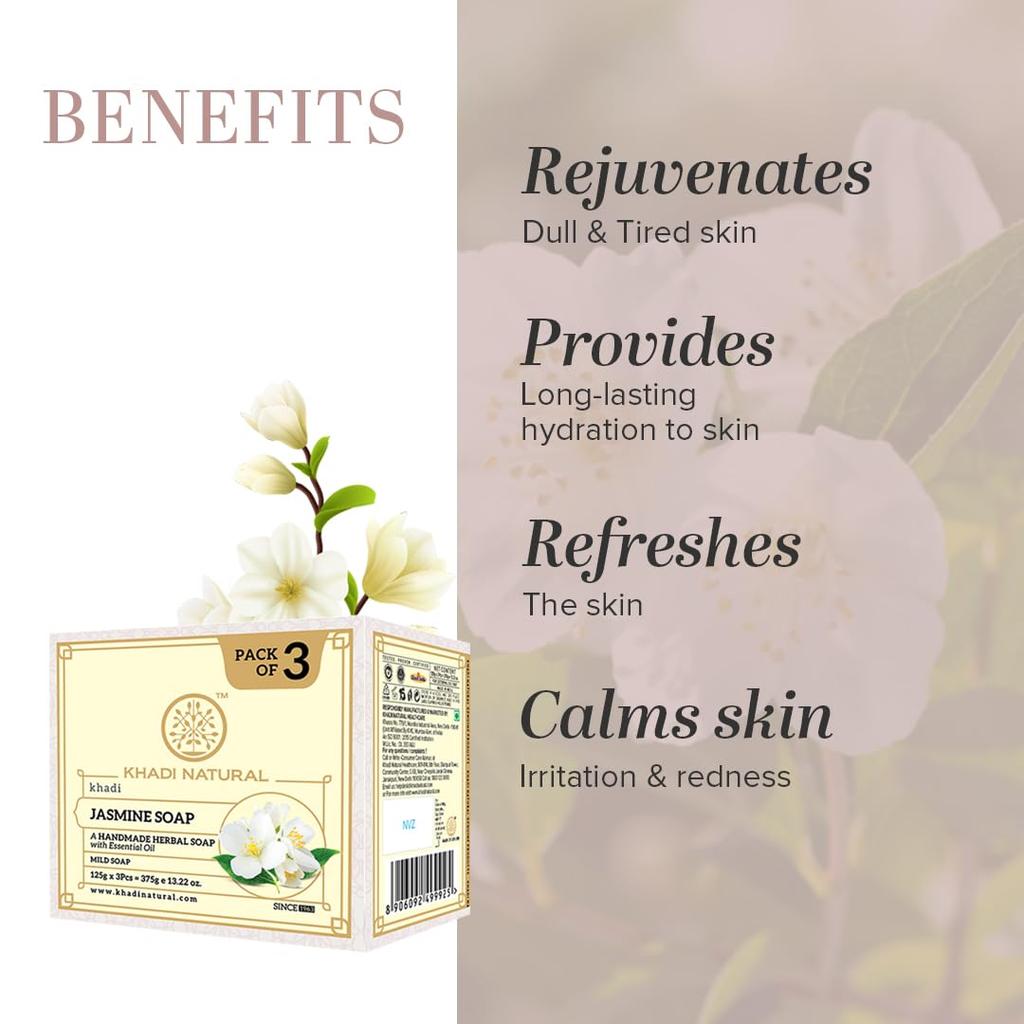 KHADI NATURAL Jasmine Soap Herbal Bathing Bar Floral Scent Refreshing Aroma Skin Texture Pack Of1 125 G Each X 3 Pcs