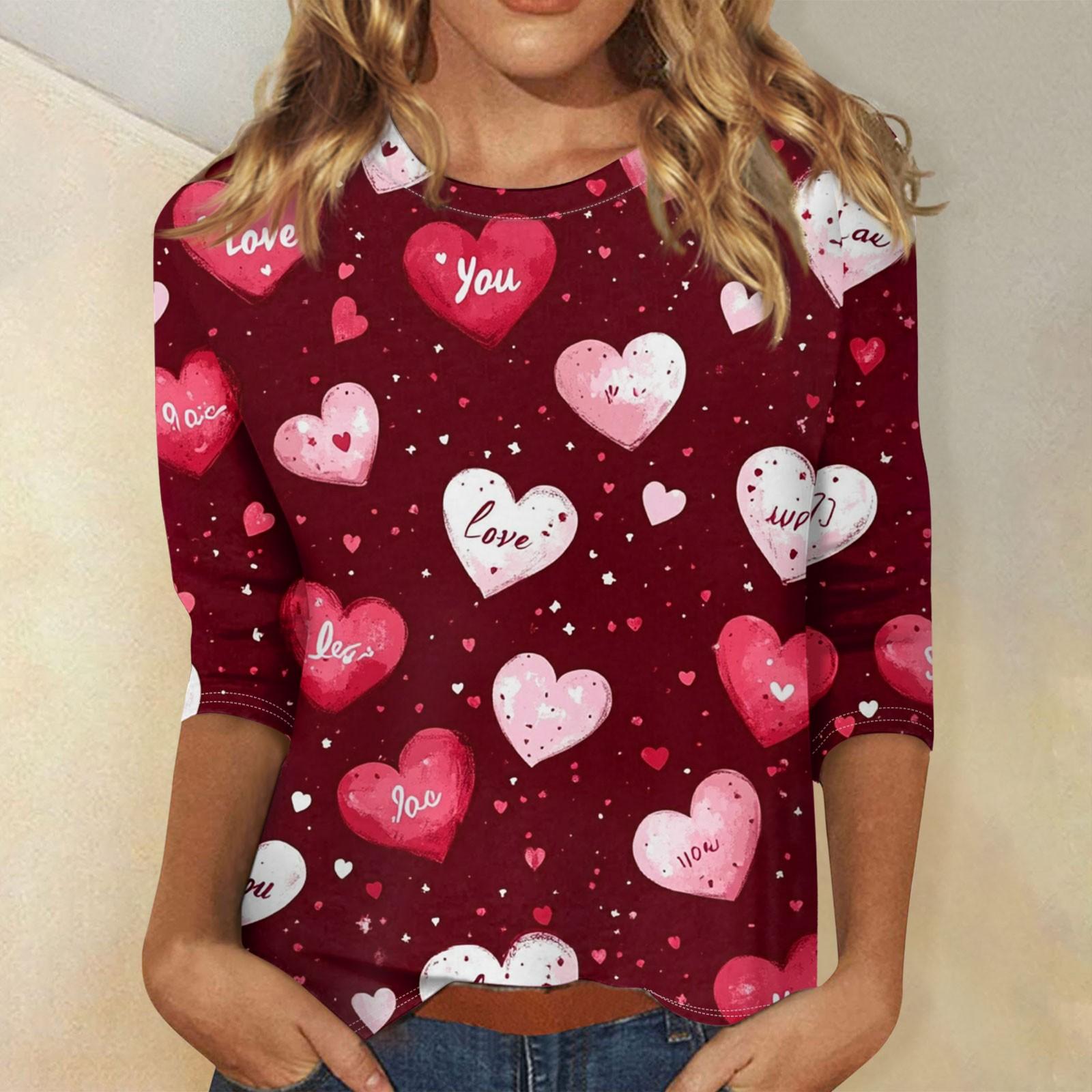 

Женские топы с рукавом три четверти, рубашка на День святого Валентина, круглая горловина, свободная повседневная рубашка XL винный