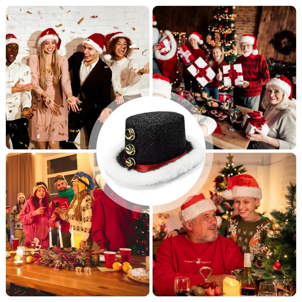 Santa Claus Hat with White Fluff and 3 Bells Christmas Party Headwear for Family New Year Gathering Cosplay Costume Accessory
