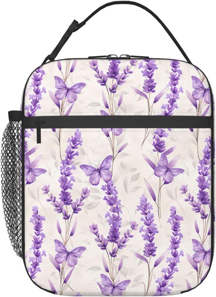 Reusable Lavender Lunch Box for Kids Girls Boys Women Adult, Insulated Floral Butterfly Lunch Bag,Polyester Cooler Flower Handbags Case for School Pic