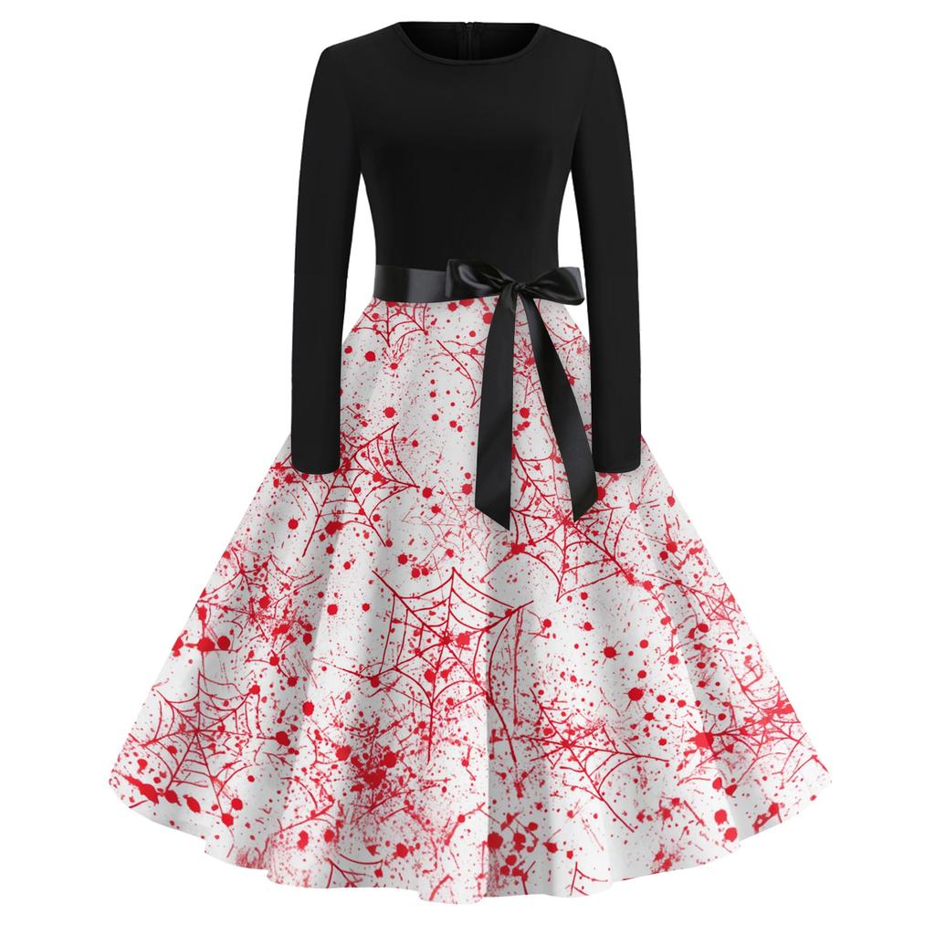 Women's Vintage Long Sleeve Round Neck Halloween Print Party Dress Retro Style Full Skirt with Waist Tie Elegant Evening Dress