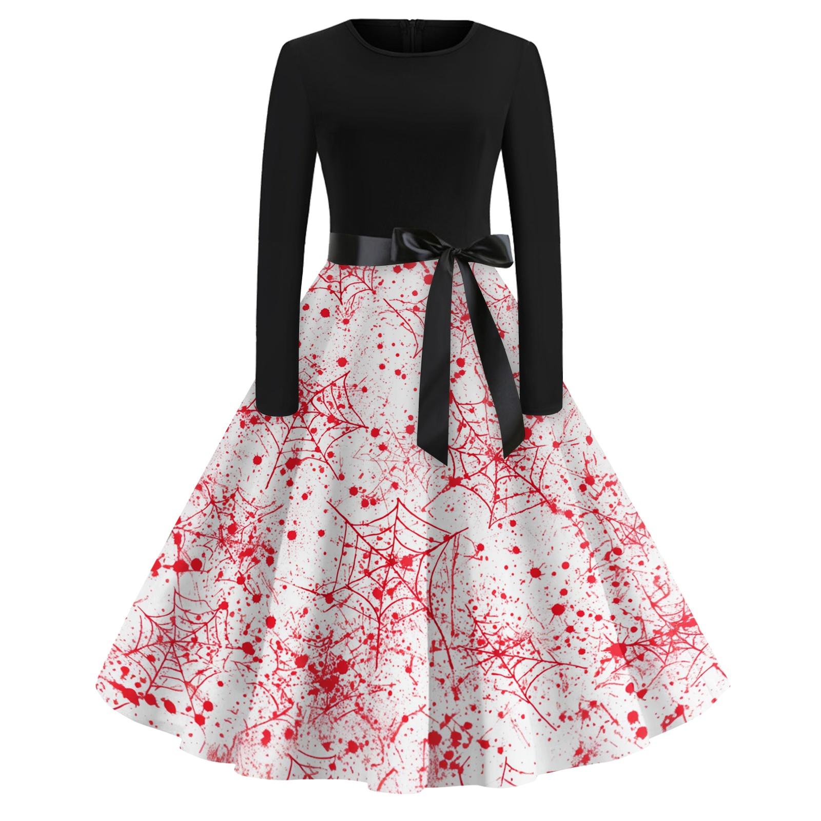 

Women s Vintage Long Sleeve Round Neck Halloween Print Party Dress Retro Style Full Skirt with Waist Tie Elegant Evening Dress M красный