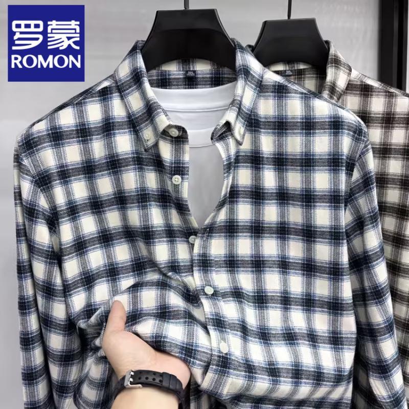 Luomeng Men s Brushed Plaid 100% Cotton Long Sleeve Shirt M