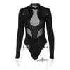 Y2K sexy Mesh-Perspektive-Spleißen hoch taillierter, langärmeliger, eng anliegender Overall für Damen im Frühling und Sommer