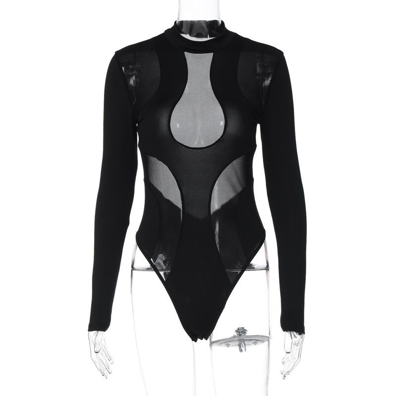 Y2K sexy Mesh-Perspektive-Spleißen hoch taillierter, langärmeliger, eng anliegender Overall für Damen im Frühling und Sommer