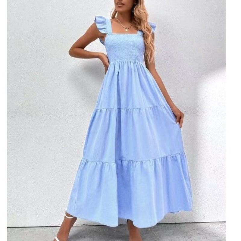 European Station Square Collar Slimming Open Back Sleeveless Dress