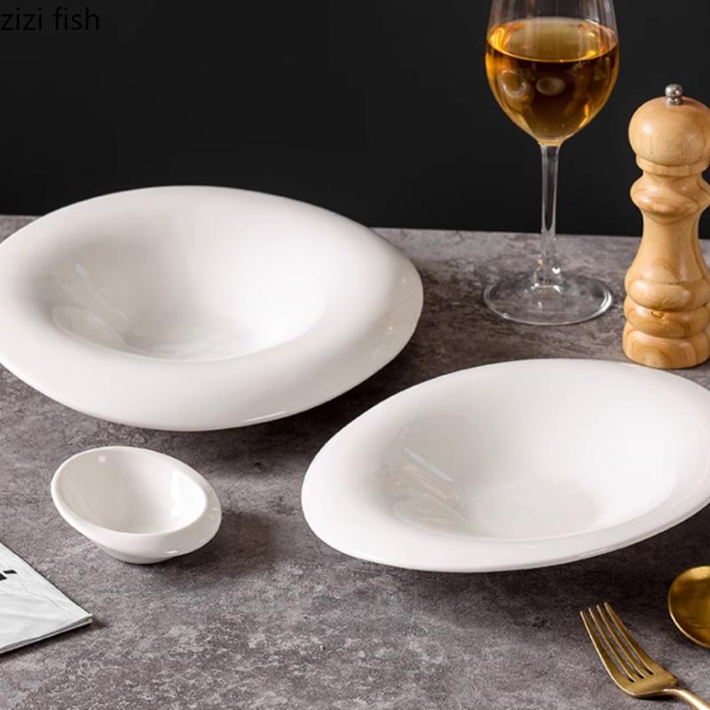 White Irregular Ceramic Bowl Dining Plate Western Steak Plate Sushi Plates Fruit Plates Salad Bowl Soup Bowls Dessert Bowls Dish