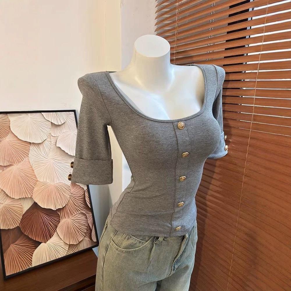 Pure Luxury Square Neck Button Five-Sleeve T-Shirt Women's Summer Sexy Slim Skinny Small Fragrant Bottom Top