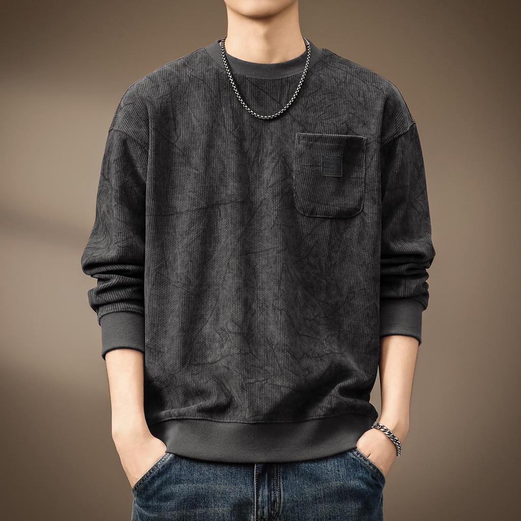 Men's Heavyweight Wool Hoodie - Spring/Autumn Round Neck, Loose Long Sleeve T-shirt, Printed Casual Base Layer