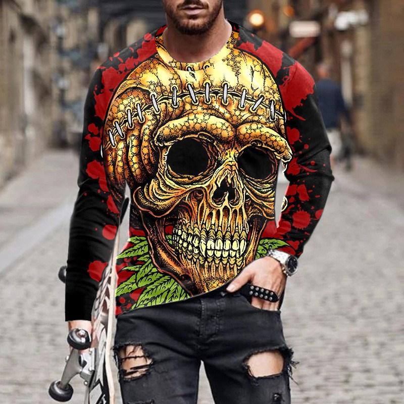Long Sleeve T-Shirts Skull 3D Printed Streetwear Men's Round-Neck Horror Halloween Man Tops Loose Gothic Round-Neck Tees T Shirt