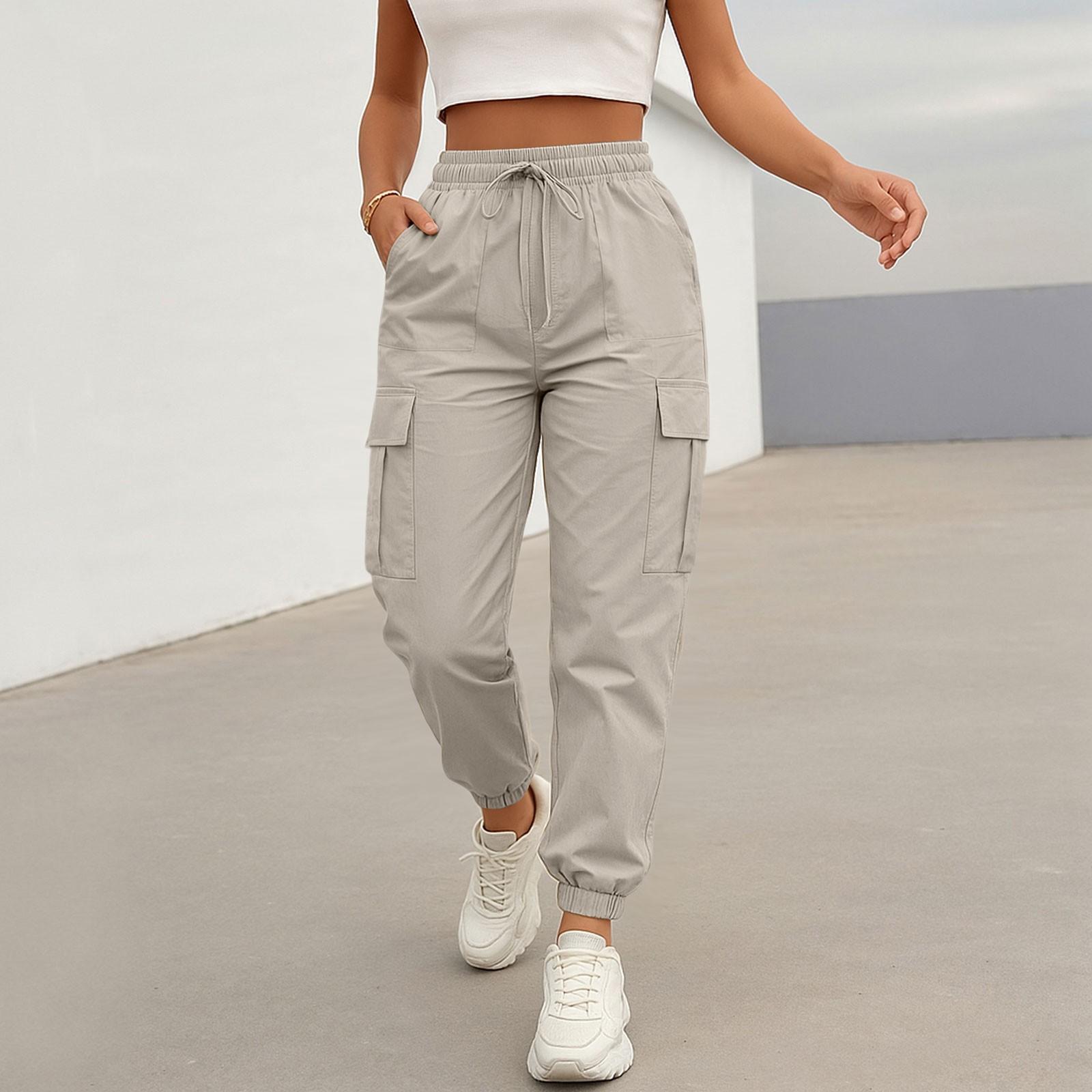 

Женские повседневные брюки карго однотонные джоггеры с кулиской на талии, эластичным поясом, множеством карманов L хаки