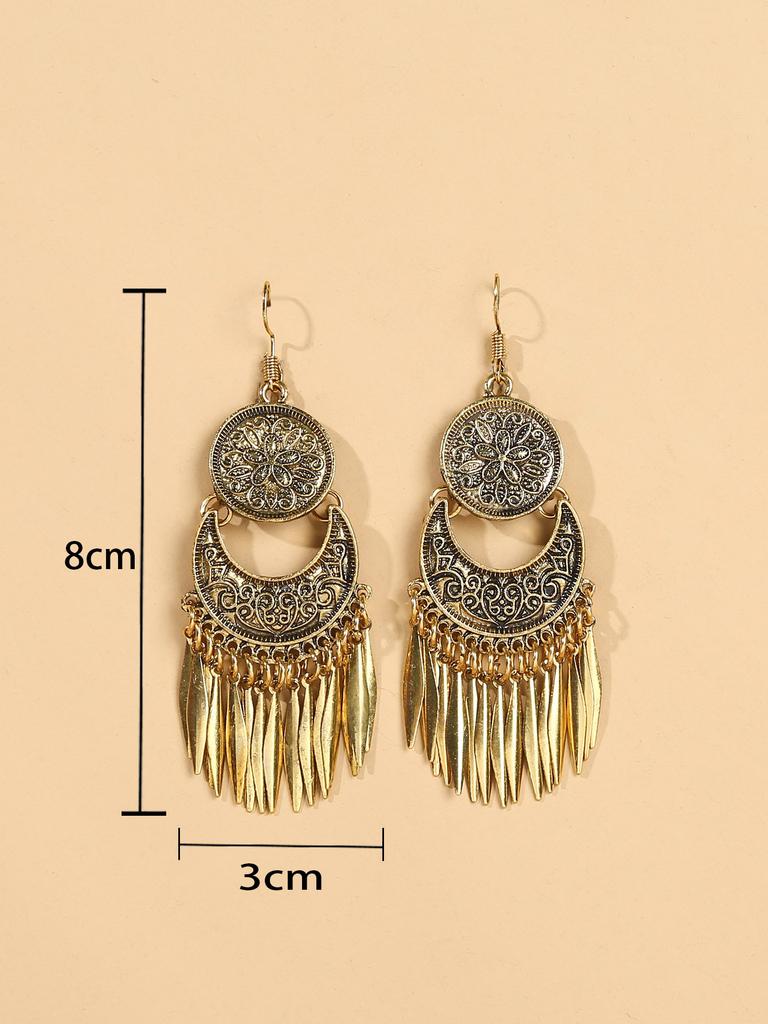 2pcs Vintage Ethnic Style Metal Tassel Carved Women's Earrings for Summer Vacation Personalized Accessories