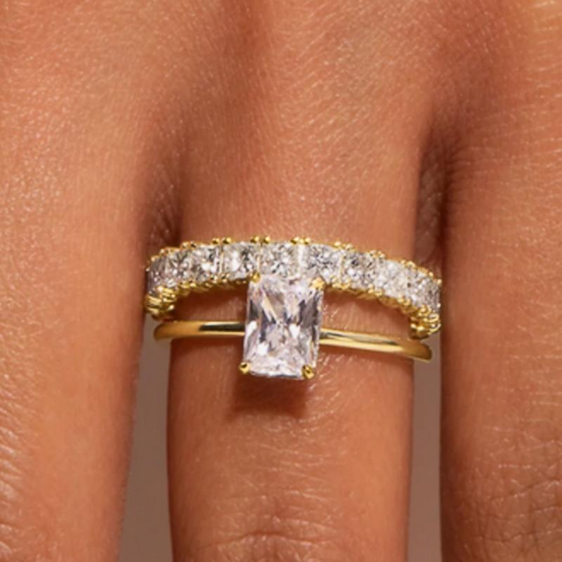 

Huitan Trendy 2Pcs/Set Wedding Rings for Women Bright Geometric Cubic Zirconia Finger Accessories Double Stacked Fashion Zircon 10