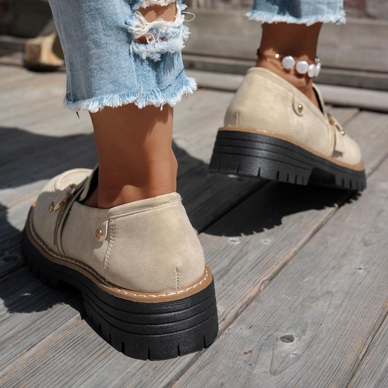 Fashion Women's Slip-On Block Heel Loafers Autumn New Round Toe Shallow Mouth Metal Buckle Decor Non-Slip Platform Shoes Plus Size 43